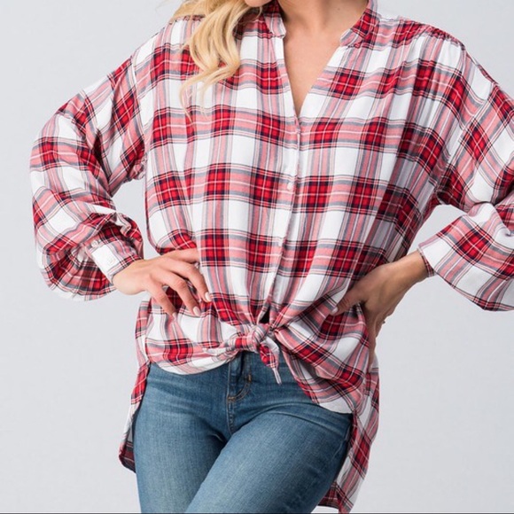 LAST SALE‼️ Plaid Tie Front Blouse - Picture 2 of 5